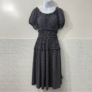 Time And Tru Women’s XS Smocked Navy Floral Midi Dress Romantic Prairie Cottage